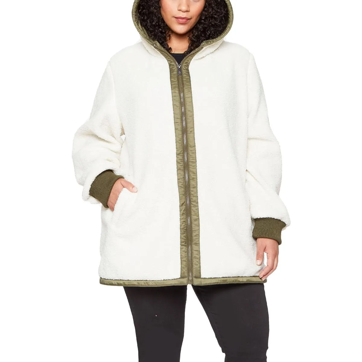 1 Madison Expedition Women's Contrast Trim Oversized Hooded Faux Fur Coat