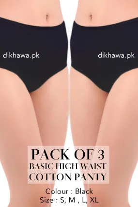 Basic High Waist Cotton Panty Pack of 3 - FL-512 - Black