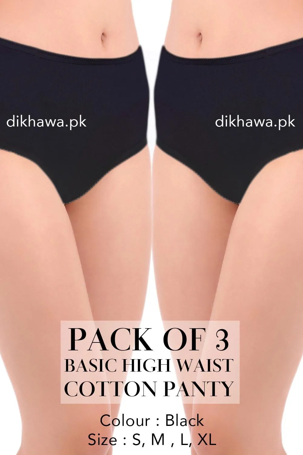 Basic High Waist Cotton Panty Pack of 3 - FL-512 - Black