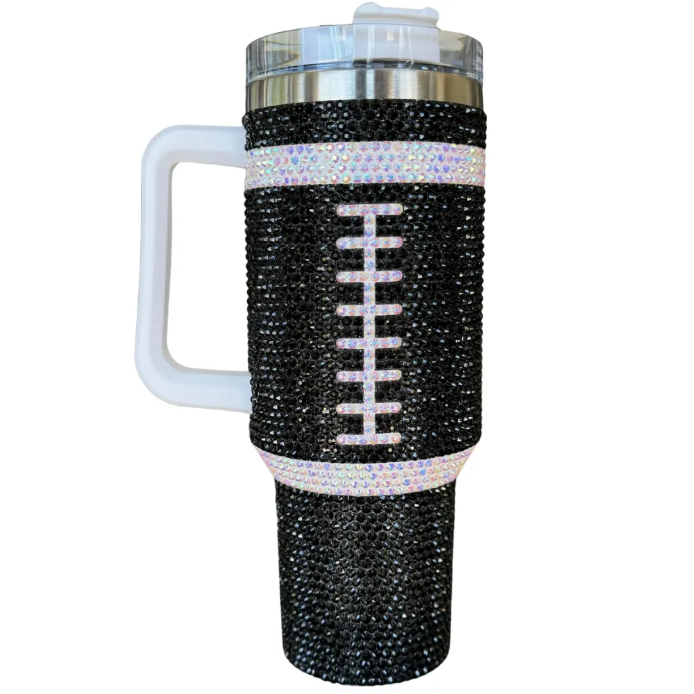 BLACK FOOTBALL CRYSTAL RHINESTONE BLINGED OUT 40 OZ TUMBLERS