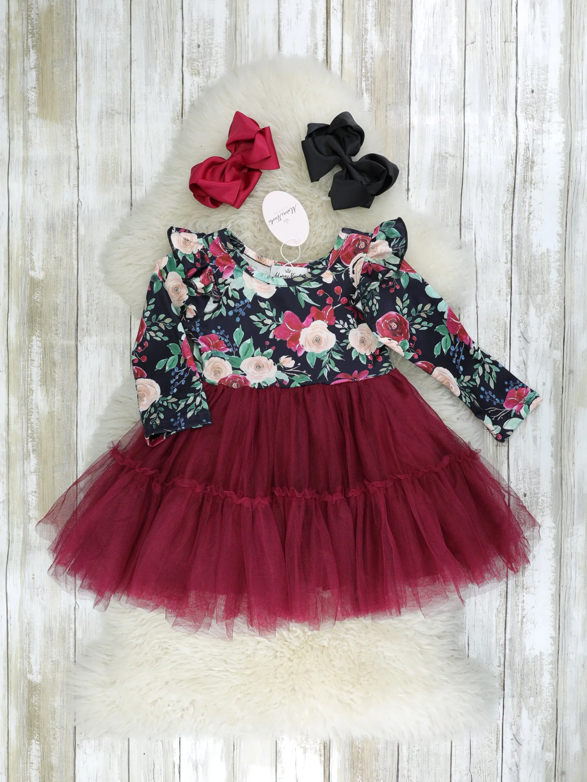 Burgundy Rose Tulle Ruffle Dress