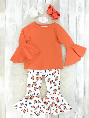 Burnt Orange Bell Sleeve Top & Leopard Ruffle Bell Bottoms