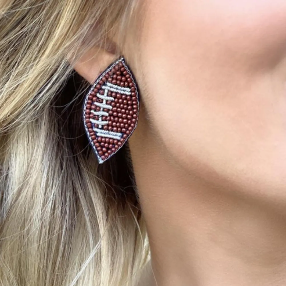 FOOTBALL BEADED STUD EARRINGS BROWN