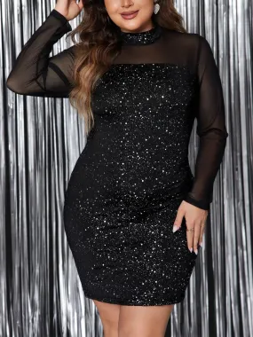 GIBSIE Plus Size Mock Neck Mesh Long Sleeve Glitter Dress Women Autumn Sexy Club Party Elegant Bodycon Mini Dresses 2024 New