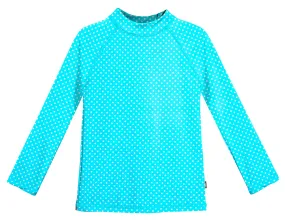 Girls UPF 50  Printed Long Sleeve Rashguard | Turquoise w- White Polka Dot