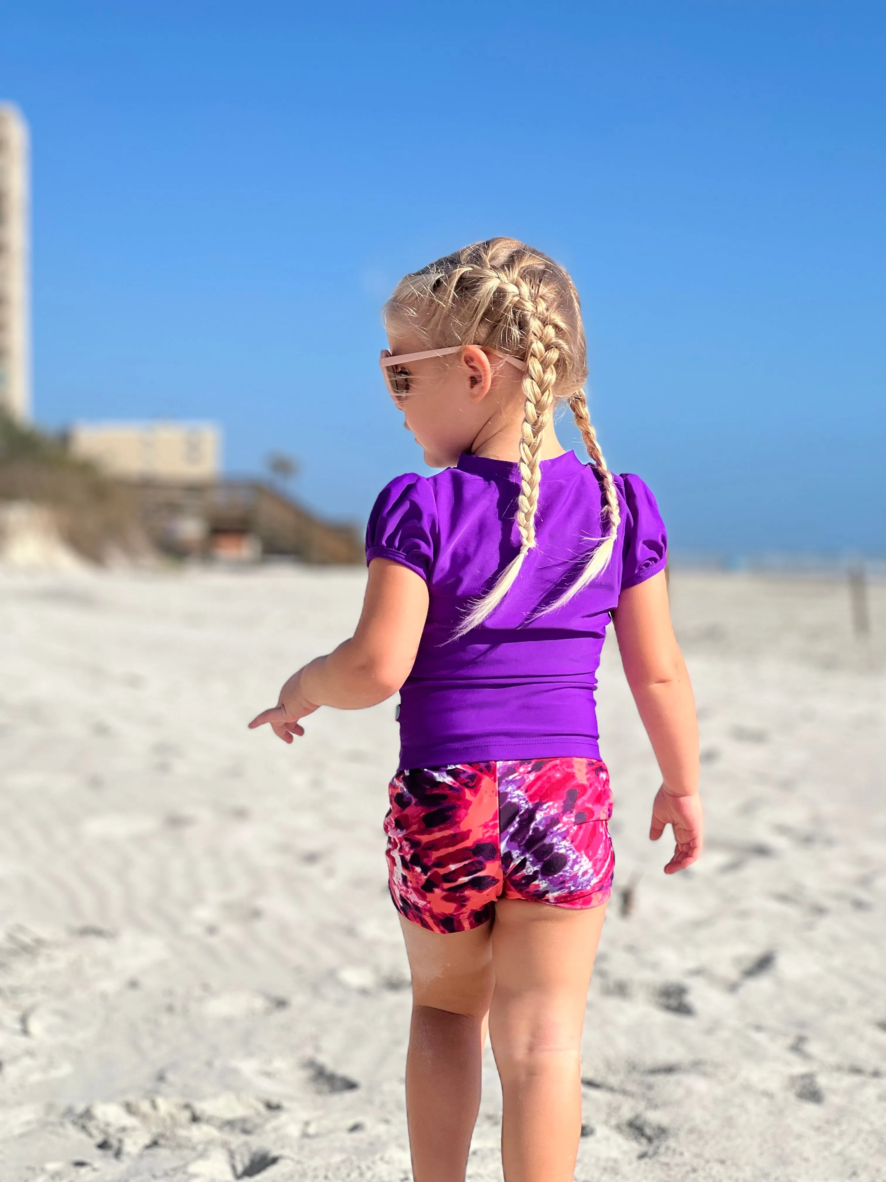 Girls UPF 50  Printed Swim Boy Shorts  | Fuchsia Black Tie Dye