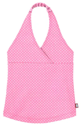 Girls UPF 50  Printed Swim Halter Top | Pink w/ White Polkadots