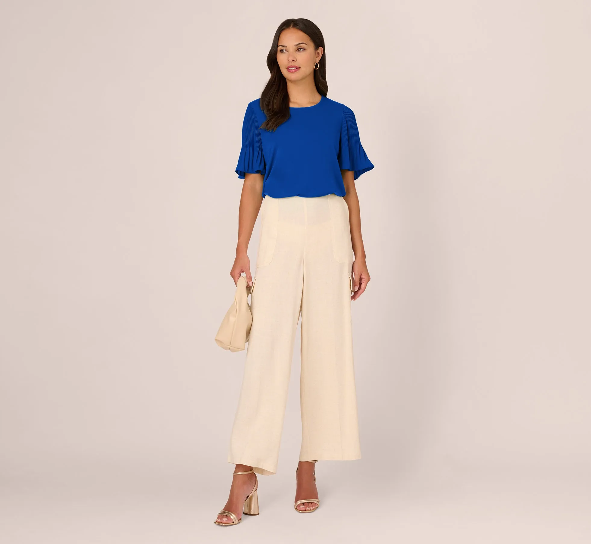 Knit Crepe Top With Pleated Sleeves In Rich Royal