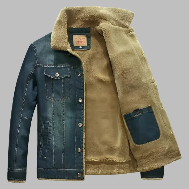 Men's Wool-Lined Denim Jacket: Thick Thermal Winter Coat with Multi-Pocket Design