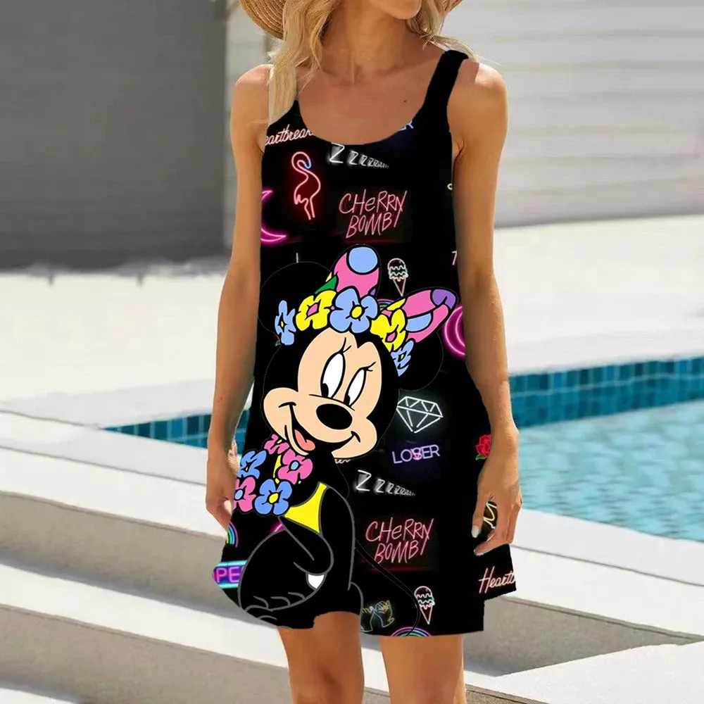 Minnie Mouse Elegant Dresses For Women Woman 2024 Disney Beach Dress Mickey Dress Fashion Top Print Casual Loose Oversized Dyr