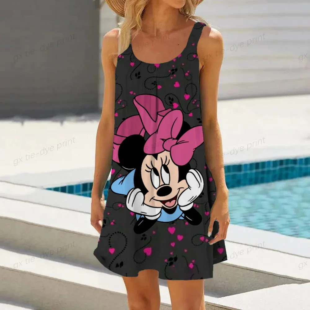 Minnie Mouse Elegant Dresses For Women Woman 2024 Disney Beach Dress Mickey Dress Fashion Top Print Casual Loose Oversized Dyr