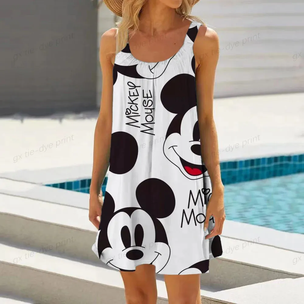 Minnie Mouse Elegant Dresses For Women Woman 2024 Disney Beach Dress Mickey Dress Fashion Top Print Casual Loose Oversized Dyr