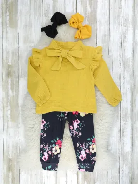 Mustard Bow Ruffle Top & Floral Joggers Outfit