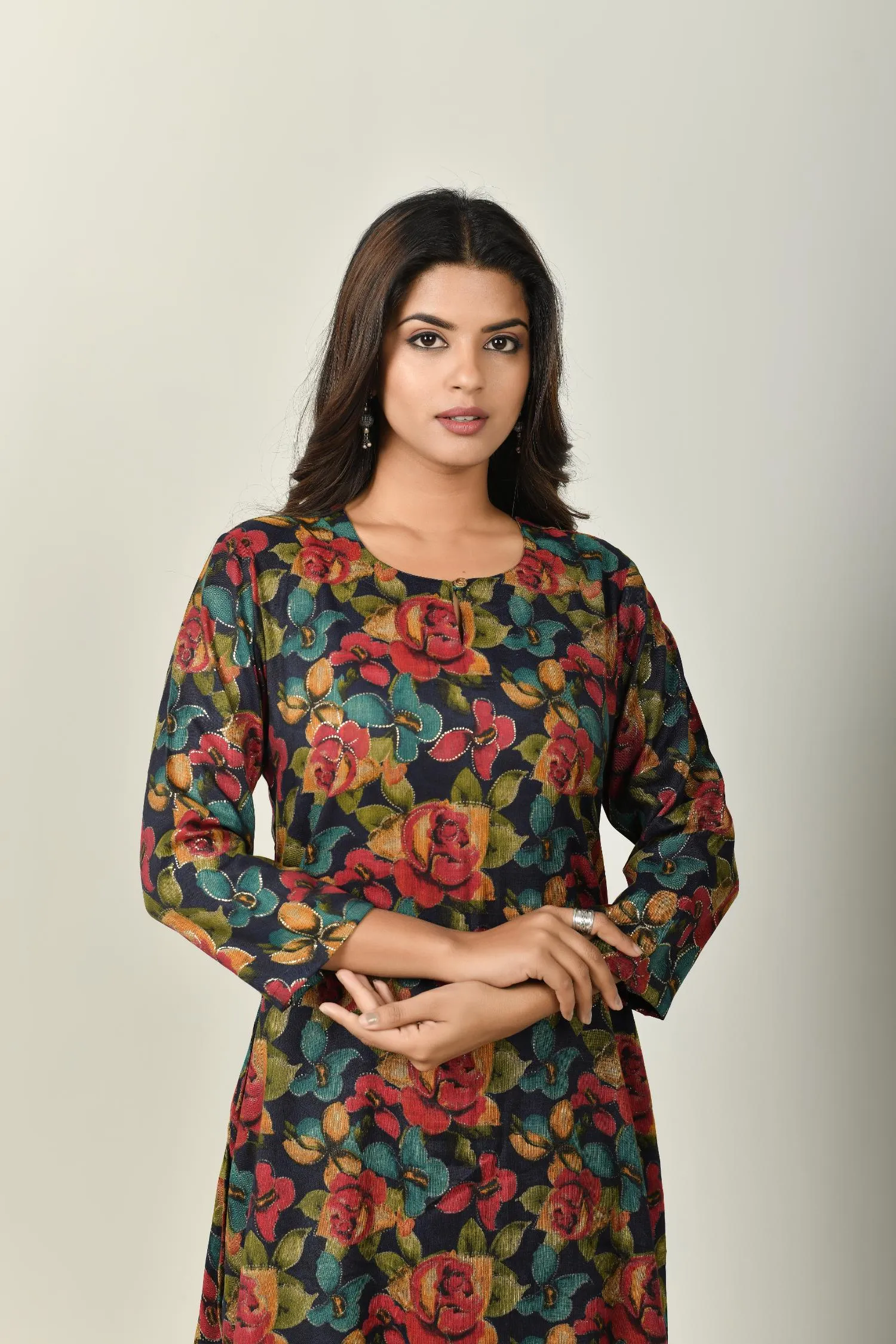 Navy Floral Keyhole Neck Kurta