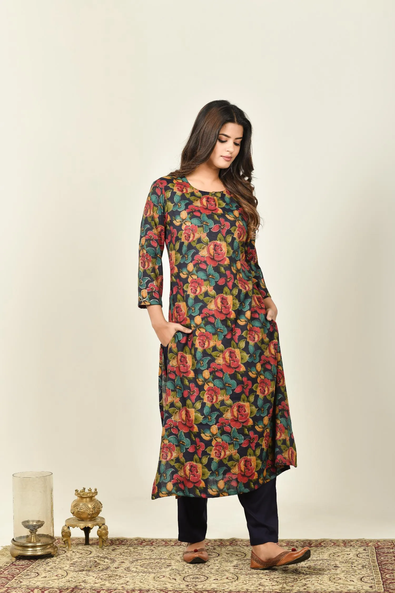 Navy Floral Keyhole Neck Kurta