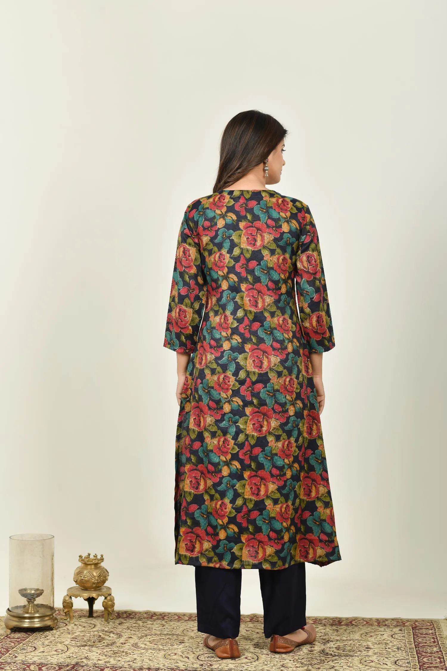 Navy Floral Keyhole Neck Kurta