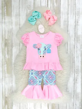 Pink & Blue Boho Cow Bell Bottom Outfit