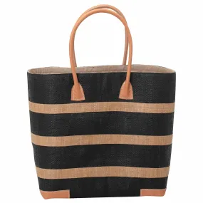 Raffia Black Beach Stripe Tote  with Leather Handle