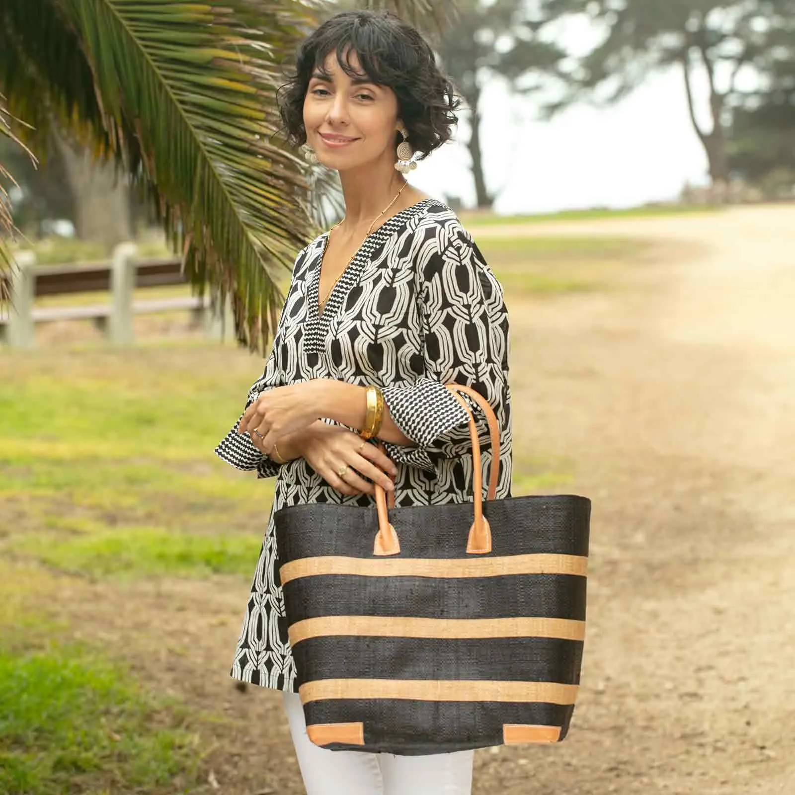 Raffia Black Beach Stripe Tote  with Leather Handle