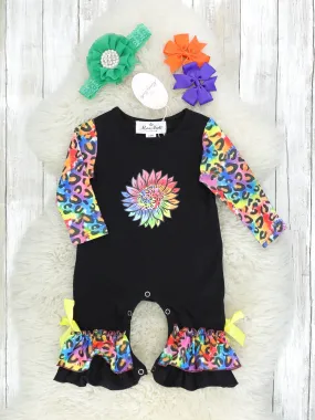 Rainbow Leopard Sunflower Raglan Ruffle Romper